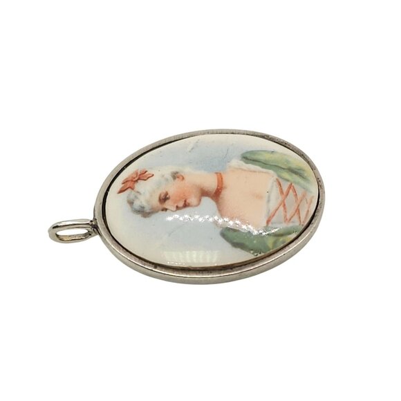 Vintage Victorian Style Painted Porcelain Pendant Goldstein Sterling Silver - Picture 9 of 11